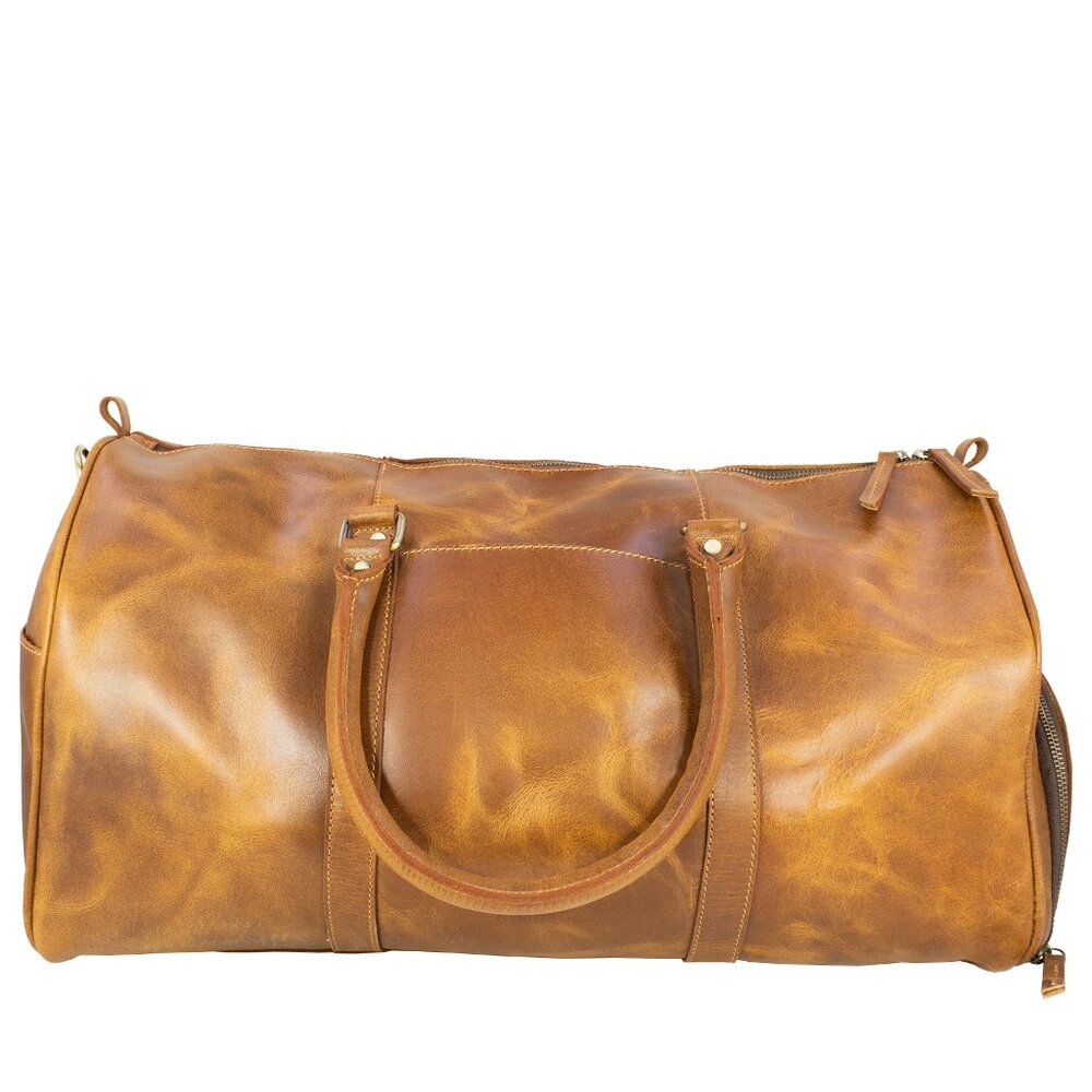 Genuine Leather Travel Duffle Bag, Tan - Picture 5 of 14
